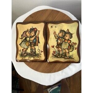 Vintage Hummel Style Wood Wall Plaques Evans Art Boy Girl Pair Cottagecore